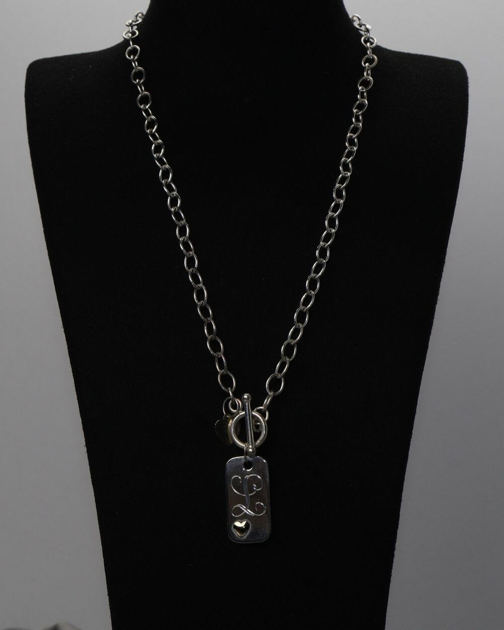 Basch Sterling Silver 14K Yellow Gold Heart Dog Tag "L" Necklace 15.1G / 19in